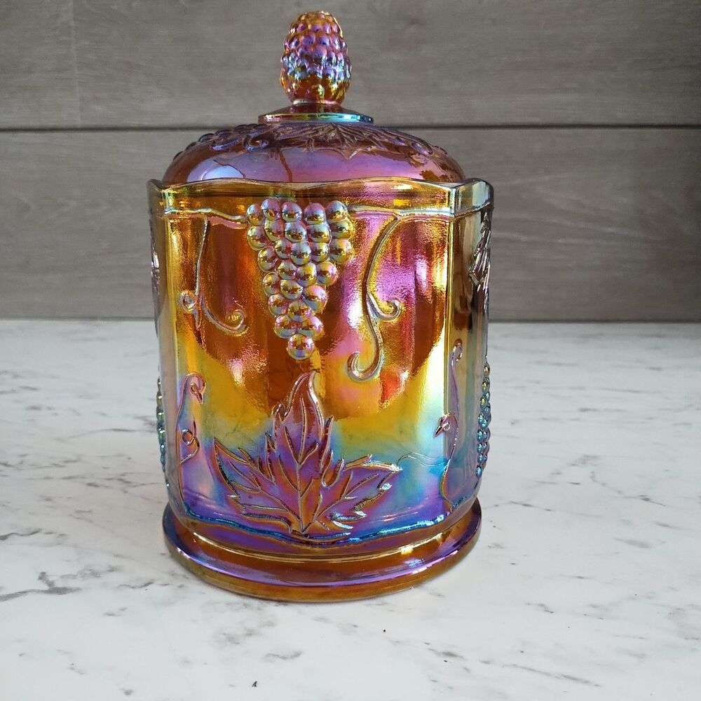 Vintage Indiana Glass Iridescent Marigold Carnival Harvest Grape Biscuit  Jar - Picture 2 of 12
